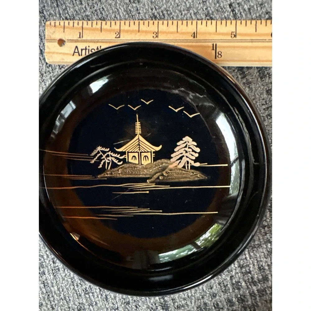 VTG Japanese Lacquerware Salad Bowls Set  of 6 Black Gold Landscape‎ Mt Fuji Art